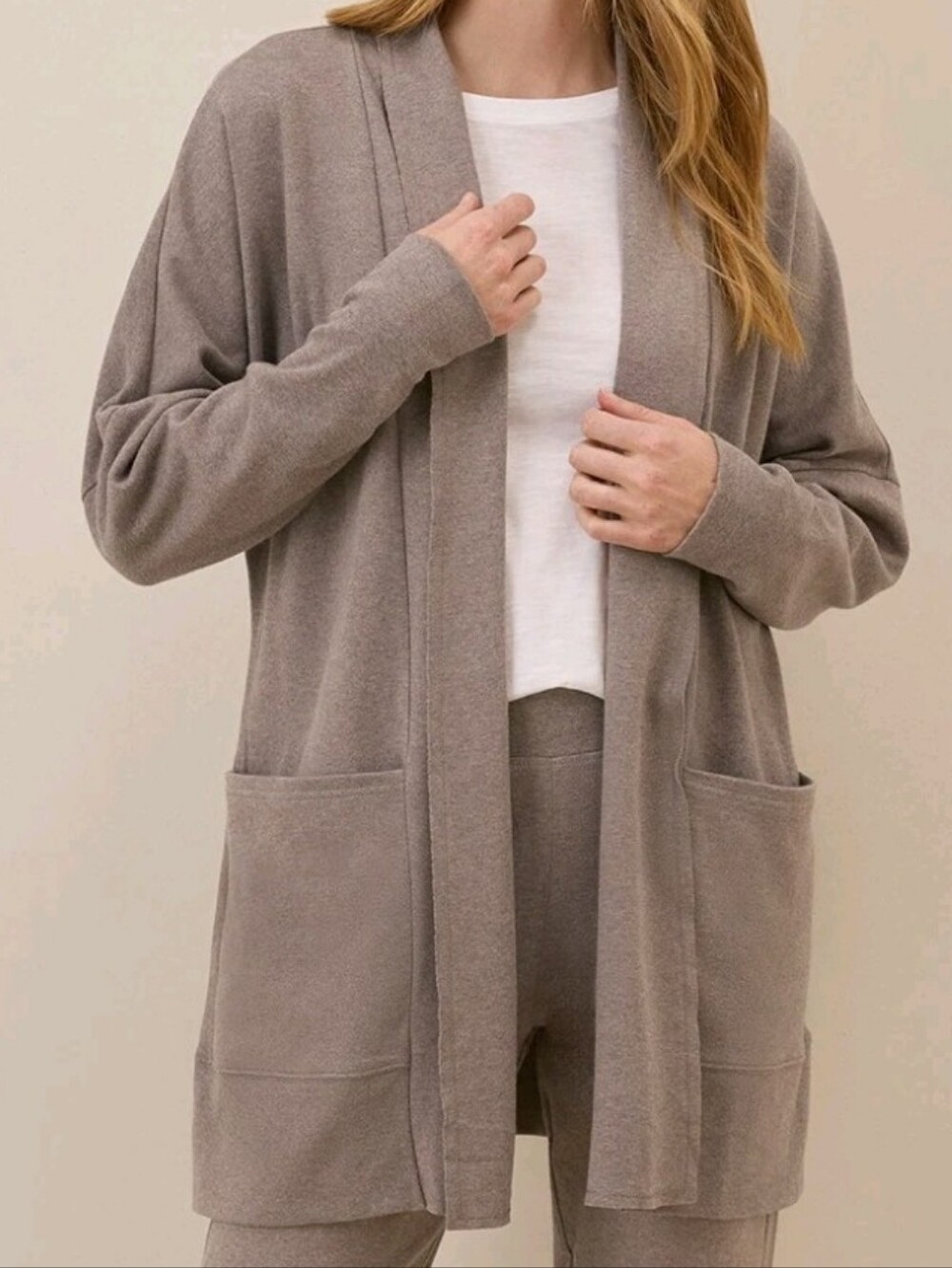 Pact Taupe Open-Front Knit Cardigan